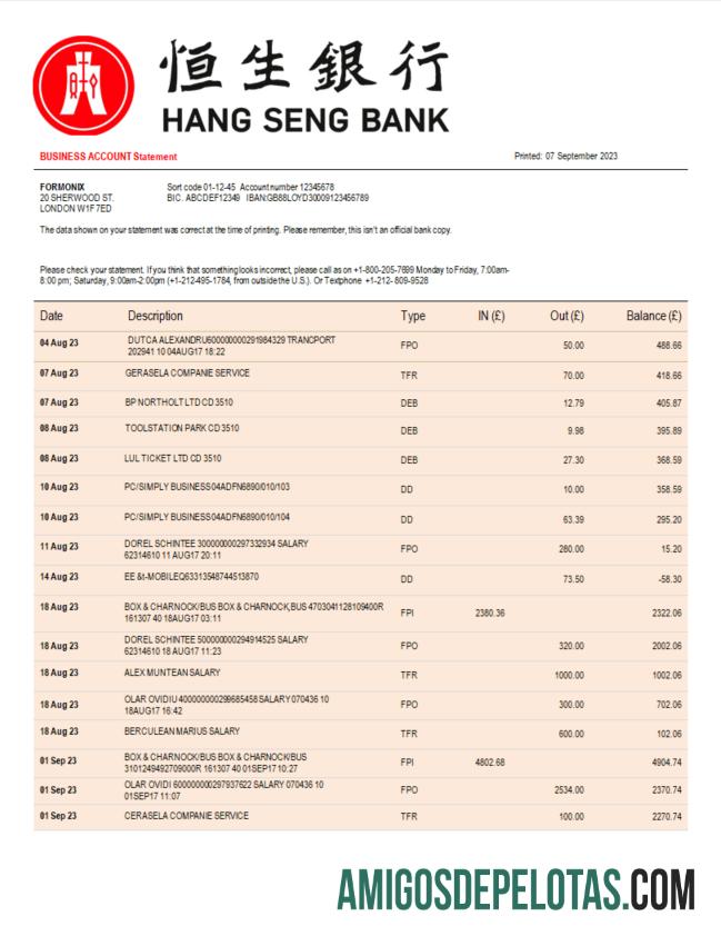 Baixável Hang Seng Bank Extrato de conta corrente corporativa modelo Word e PDF